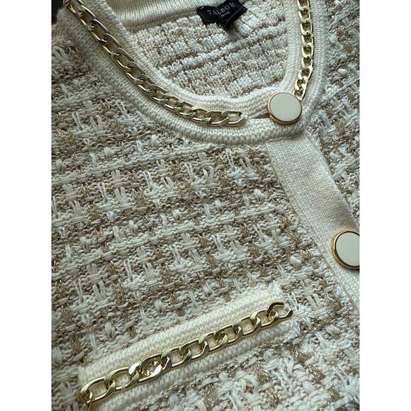 Talbots Short Sleeve Chain Trim Jacquard Cardigan Gold Ivory Size Small Petite - Picture 4 of 8